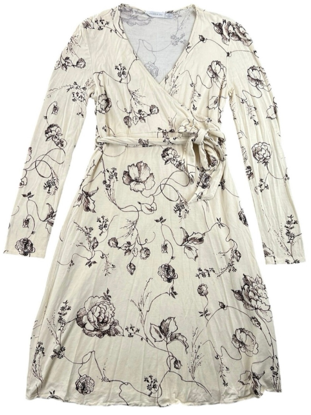 Jules & Jim Floral Wrap Dress Cream Black Botanical Print Long Sleeve Y2K - S